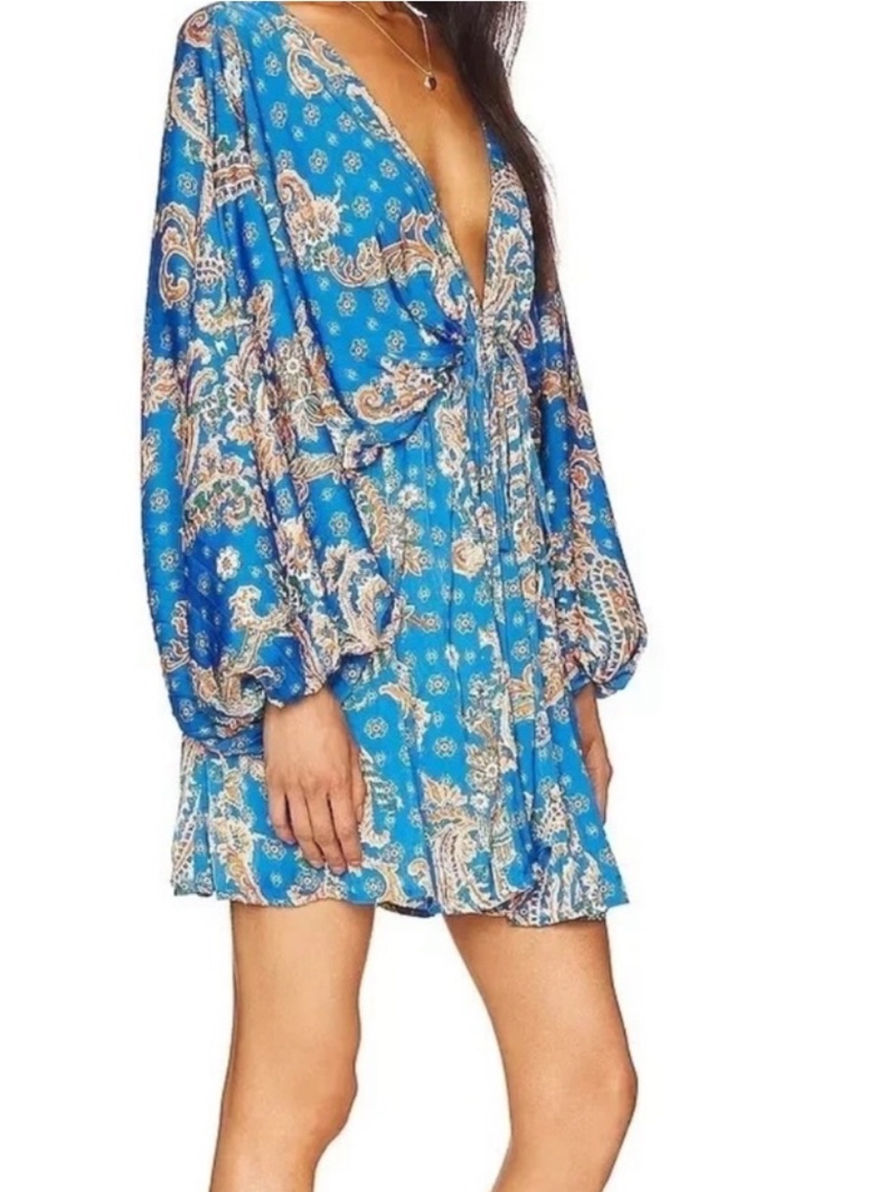 Free People Blue Paisley V-Neck Long Sleeve Mini Dress